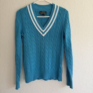 Polo Ralph Lauren Sweater Womens Small Cable Knit V-neck Blue Tennis Preppy Golf